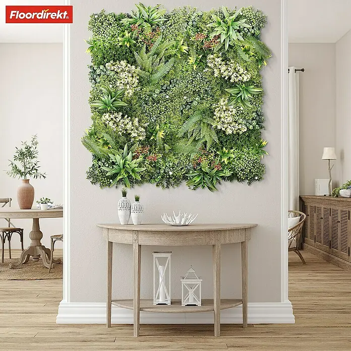 Floordirekt Kunstpflanze Pflanzenwand Rhea A 50 x 50 cm - Blütenfarbe: Grün, Kunststoff - Wandmontiertes, grünes Pflanzenpaneel, das eine natürliche Atmosphäre schafft. Ideal für Innenräume, die eine stilvolle, lebendige Note suchen.