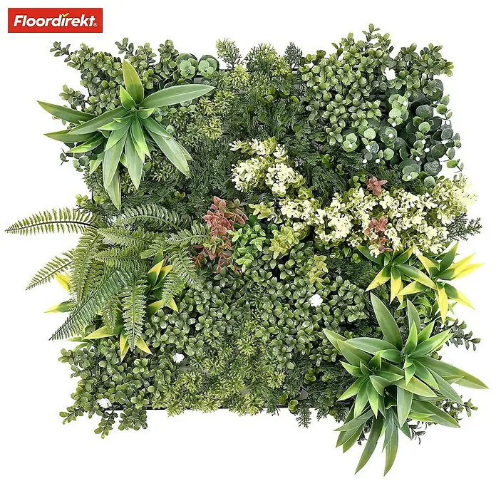 Floordirekt Kunstpflanze Pflanzenwand Rhea A 50 x 50 cm - Blütenfarbe: Grün, Kunststoff - Dekorative grüne Wandverkleidung mit verschiedenen Pflanzenarten für Innenräume.
