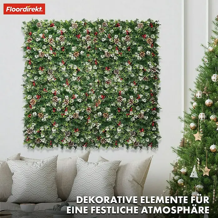 Floordirekt Kunstpflanze Pflanzenwand Festive 50 x 50 cm - Blütenfarbe: Grün, Kunststoff - Dekorative Wand mit winterlichen Elementen wie Tannenzapfen und roten Beeren, ideal für eine festliche Atmosphäre.
