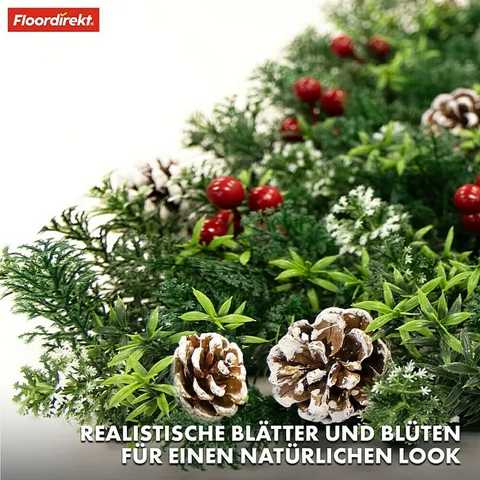 Floordirekt Kunstpflanze Pflanzenwand Festive 50 x 50 cm - Blütenfarbe: Grün, Kunststoff - Dekorative Tannenzapfen und Beeren auf Grünpflanzen für einen realistischen und natürlichen Look. Ideal als Tischdeko oder für Kränze und Gestecke.