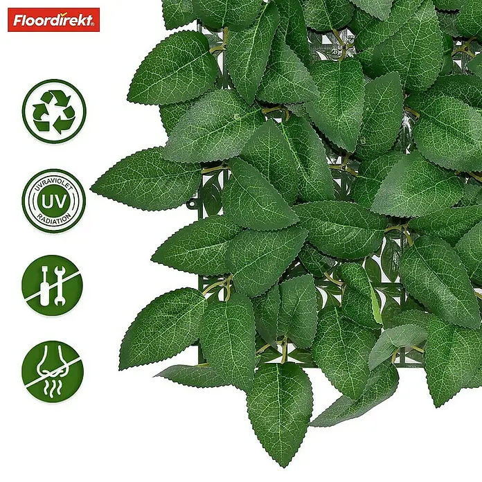 Floordirekt Kunstpflanze Pflanzenwand Big Rose Leaf 33 x 33 cm - Blütenfarbe: Grün, Kunststoff - Kunstrasenmatte mit grünen Blättern, ideal für den Innen- und Außenbereich. Sie ist UV-beständig, wartungsarm und recycelbar.