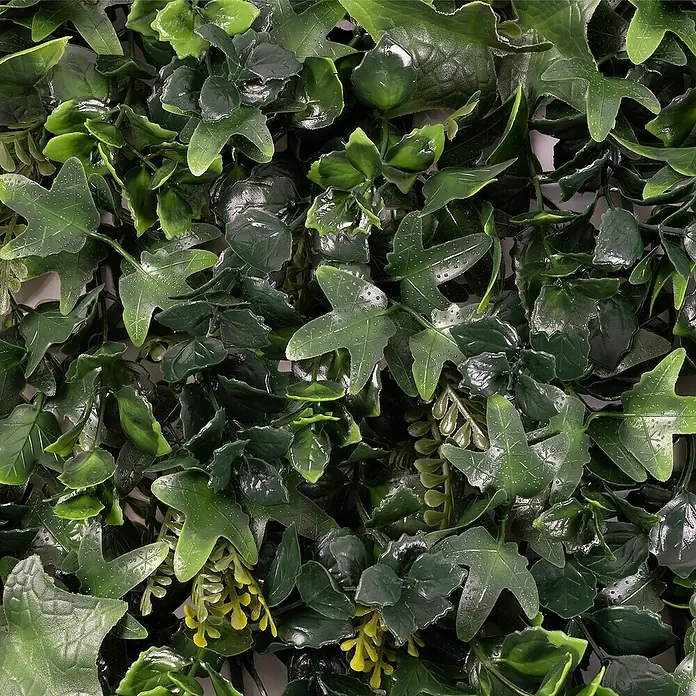Floordirekt Kunstpflanze Pflanzenwand Tropical 50 x 50 cm - Blütenfarbe: Grün, Kunststoff - Detailaufnahme einer künstlichen Pflanzenwand mit verschiedenen Grüntönen und Blattformen, ideal für Dekorationen.