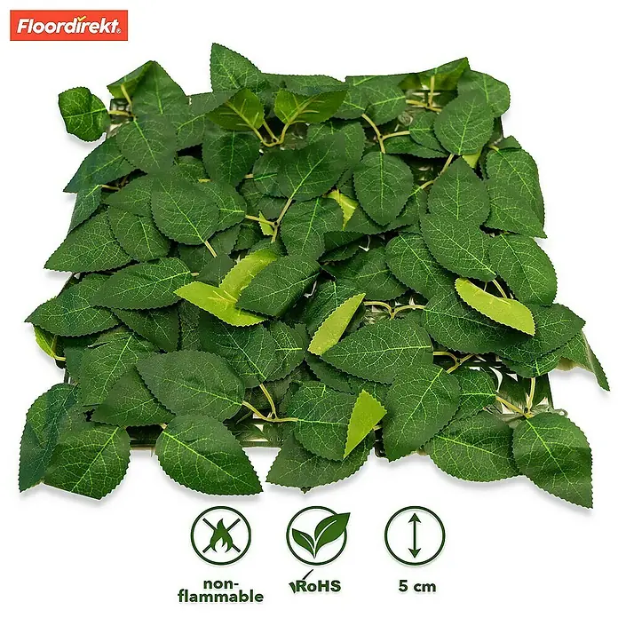 Floordirekt Kunstpflanze Pflanzenwand Big Rose Leaf 33 x 33 cm - Blütenfarbe: Grün, Kunststoff - Bild einer künstlichen Efeuwandmatte von Floordirekt, die eine dichte grüne Blattstruktur aufweist.