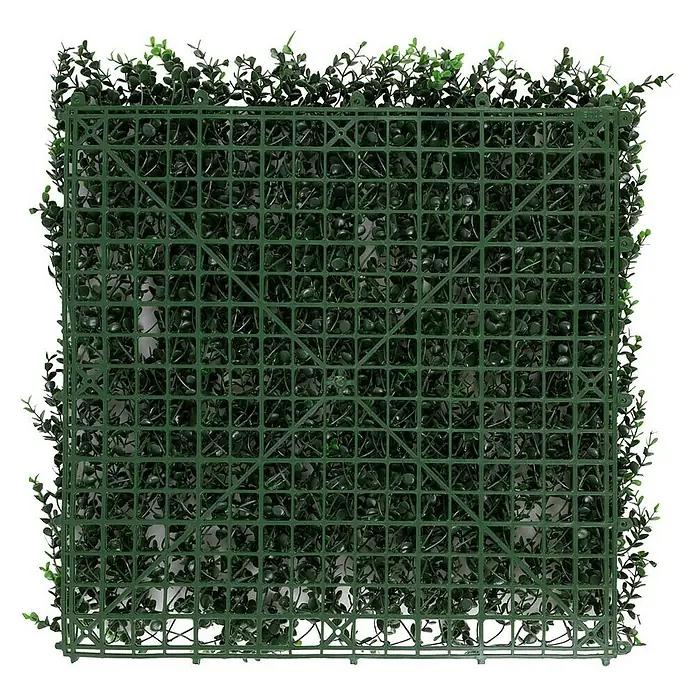 Floordirekt Kunstpflanze Pflanzenwand Buxus 50 x 50 cm - Blütenfarbe: Grün, Kunststoff - Eine Nahaufnahme einer grünen, quadratischen künstlichen Pflanzenwandpaneele mit einer Gitterstruktur auf der Rückseite.