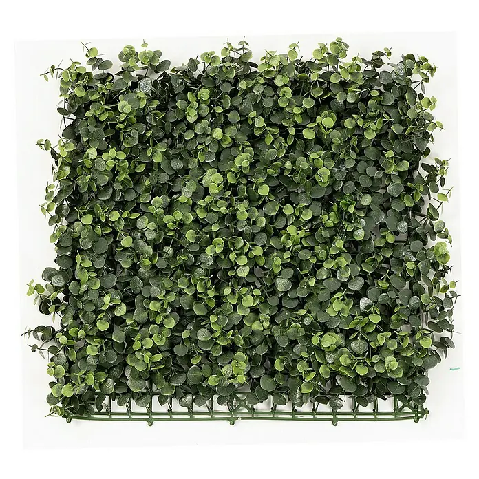 Floordirekt Kunstpflanze Pflanzenwand Eucalyptus 50 x 50 cm - Blütenfarbe: Grün, Kunststoff - Quadratische, künstliche Pflanzenmatte mit kleinen, runden Blättern in verschiedenen Grüntönen für eine lebendige Wanddekoration.