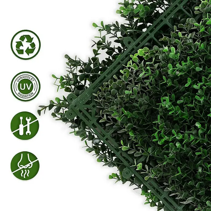 Floordirekt Kunstpflanze Pflanzenwand Buxus 50 x 50 cm - Blütenfarbe: Grün, Kunststoff - Detailaufnahme einer künstlichen Pflanzenmatte mit Symbolen für Recycling, UV-Schutz, einfache Montage und geruchsneutral.