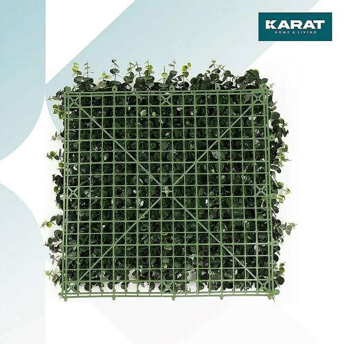 Floordirekt Kunstpflanze Pflanzenwand Eucalyptus 50 x 50 cm - Blütenfarbe: Grün, Kunststoff - Quadratische Kunsthecke mit kleinblättrigem Grün und stabilen Gitter für den Innen- und Aussenbereich, ideal zur Dekoration.