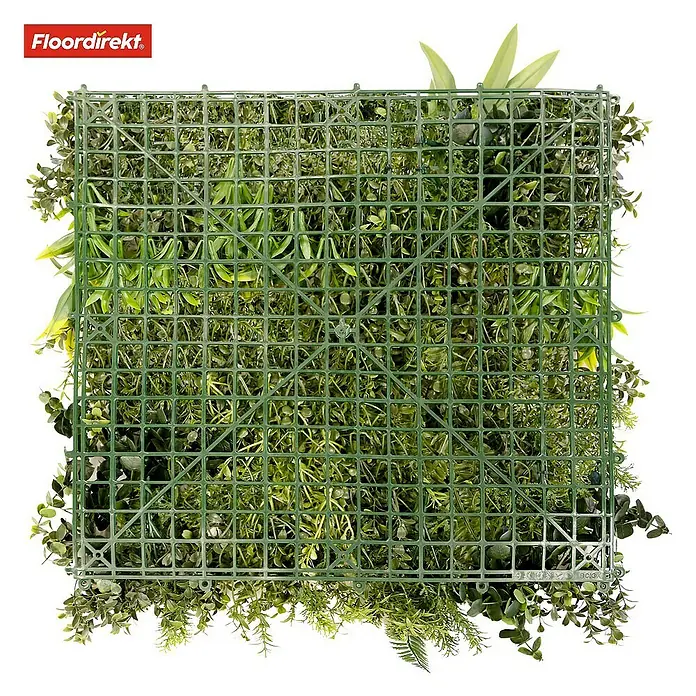 Floordirekt Kunstpflanze Pflanzenwand Rhea B 50 x 50 cm - Blütenfarbe: Grün, Kunststoff - Das Bild zeigt eine grüne, künstliche Pflanzenwand mit einem quadratischen Gittermuster im Hintergrund. Die Wand besteht aus verschiedenen Pflanzenarten.