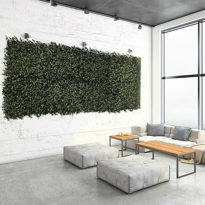 Floordirekt Kunstpflanze Pflanzenwand Eucalyptus 50 x 50 cm - Blütenfarbe: Grün, Kunststoff - Einrichtung mit einer grünen Akzentwand aus Kunstpflanzen, die eine natürliche und ruhige Atmosphäre in dem modern eingerichteten Raum schafft.