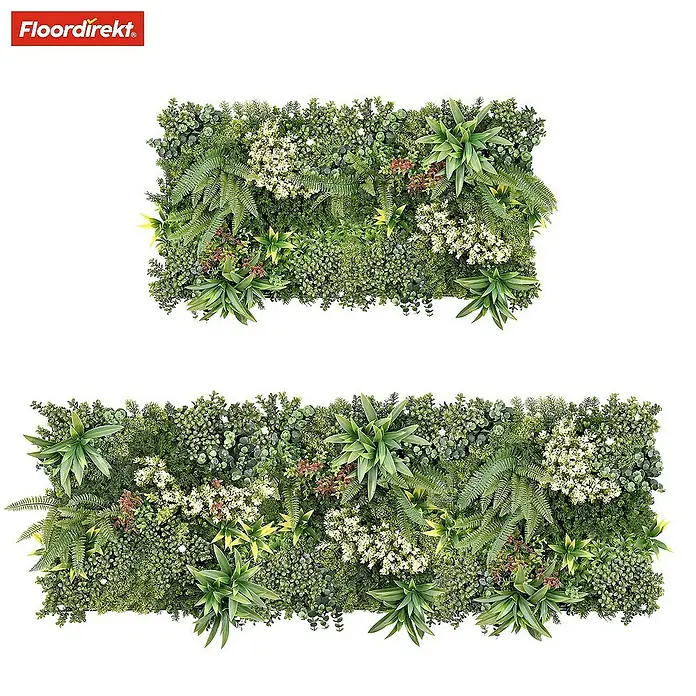 Floordirekt Kunstpflanze Pflanzenwand Rhea B 50 x 50 cm - Blütenfarbe: Grün, Kunststoff - Abbildung zweier künstlicher Pflanzenwände, die eine natürliche und lebendige Atmosphäre schaffen.