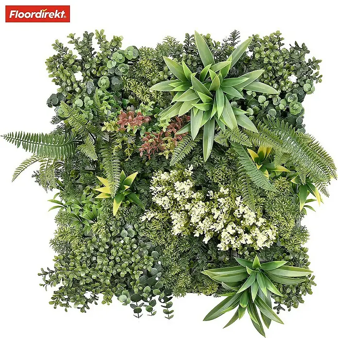 Floordirekt Kunstpflanze Pflanzenwand Rhea B 50 x 50 cm - Blütenfarbe: Grün, Kunststoff - Ein quadratisches, künstliches Pflanzenpaneel mit verschiedenen grünen Pflanzen und weißen Blüten sorgt für eine natürliche Wanddekoration.