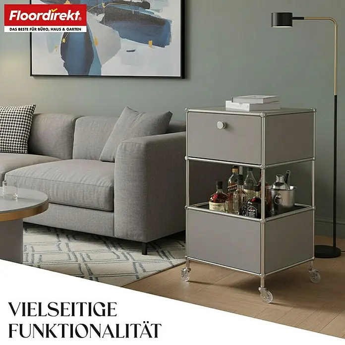 Floordirekt Metallregal Concept Epure MK-145 - 40 x 40 x 69 cm Grau - H x B x T: 69 x 40 x 40 cm, Anzahl Böden: 3 Stk., Schrauben, Grau - Moderner grauer Servierwagen mit Schublade und Regalen, ideal für Büro, Haus und Garten.