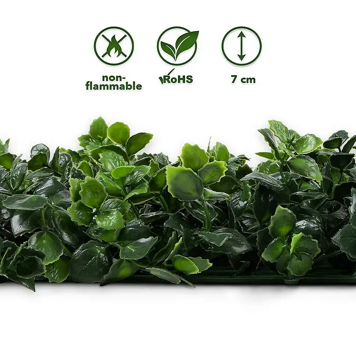 Floordirekt Kunstpflanze Pflanzenwand Pachysandra 50 x 50 cm - Blütenfarbe: Grün, Kunststoff - Detailaufnahme eines künstlichen Buchsbaum-Paneels mit Produktinformationen wie nicht brennbar, RoHS-konform und 7 cm hoch.