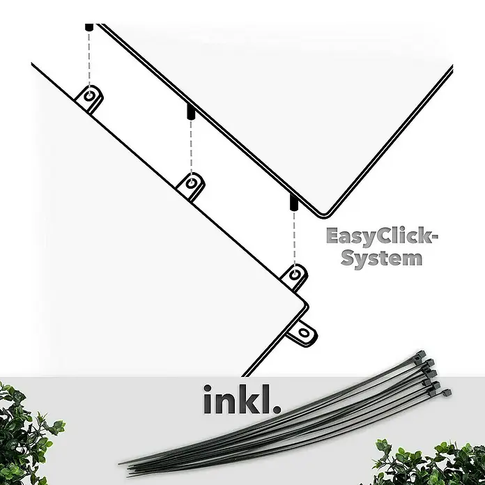 Floordirekt Kunstpflanze Pflanzenwand Pachysandra 50 x 50 cm - Blütenfarbe: Grün, Kunststoff - Abbildung eines EasyClick-Systems mit Kabelbindern zur Befestigung, ideal für eine einfache und schnelle Installation.