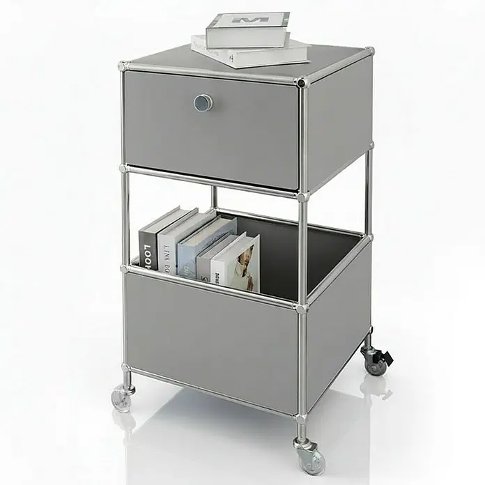 Floordirekt Metallregal Concept Epure MK-145 - 40 x 40 x 69 cm Grau - H x B x T: 69 x 40 x 40 cm, Anzahl Böden: 3 Stk., Schrauben, Grau - Graues USM Haller Möbelstück mit Schublade, Ablage und Rollen. Bücher und Dekorationselemente darauf/darin.