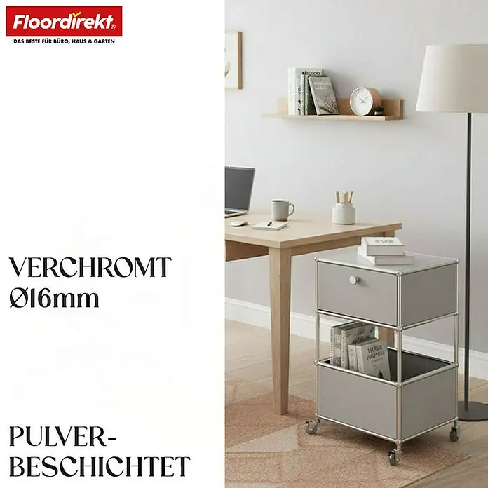 Floordirekt Metallregal Concept Epure MK-145 - 40 x 40 x 69 cm Grau - H x B x T: 69 x 40 x 40 cm, Anzahl Böden: 3 Stk., Schrauben, Grau - Das Bild zeigt einen grauen, dreistöckigen Rollcontainer mit verchromten Details und Schubladen in einer Büroumgebung.