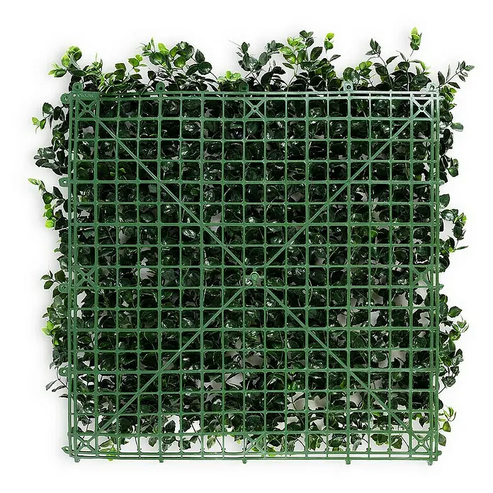 Floordirekt Kunstpflanze Pflanzenwand Pachysandra 50 x 50 cm - Blütenfarbe: Grün, Kunststoff - Bild einer grünen künstlichen Pflanzenwandmatte mit quadratischem Gittermuster und üppigen Blättern für eine realistische Optik.