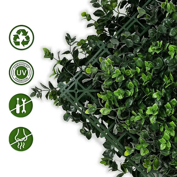 Floordirekt Kunstpflanze Pflanzenwand Pachysandra 50 x 50 cm - Blütenfarbe: Grün, Kunststoff - Detailaufnahme einer künstlichen Buchsbaumhecke mit UV-Schutz, einfacher Montage, recyclebaren Materialien und ohne Geruchsemissionen.