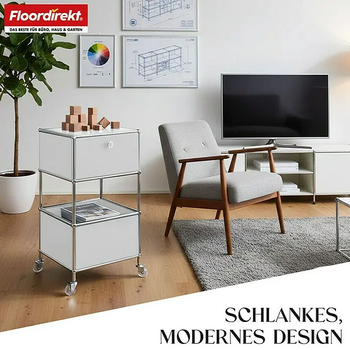 Floordirekt Metallregal Concept Epure MK-145 - 40 x 40 x 69 cm Weiß - H x B x T: 69 x 40 x 40 cm, Anzahl Böden: 3 Stk., Schrauben, Weiß - Modernes Rollregal in Weiß mit Holzdetails. Perfekt für Büro und Wohnraum, bietet dieses Regal stilvollen Stauraum.