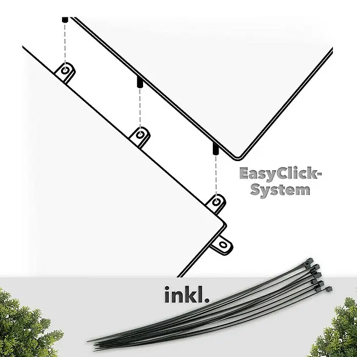 Floordirekt Kunstpflanze Pflanzenwand Houttuynia-Cordata 50 x 50 cm - Blütenfarbe: Grün, Kunststoff - Eine Illustration des EasyClick-Systems mit Kabelbindern zur Befestigung, ideal für DIY-Projekte und Gartenbau.