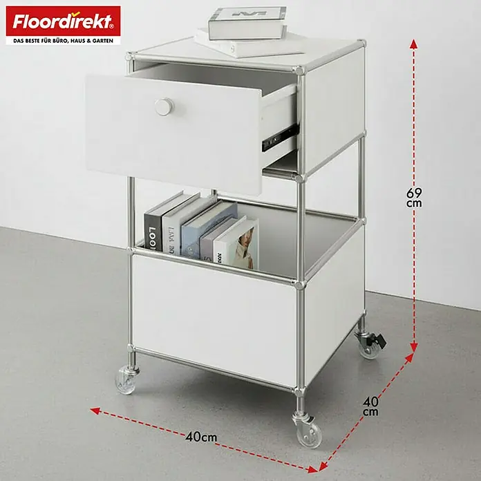 Floordirekt Metallregal Concept Epure MK-145 - 40 x 40 x 69 cm Weiß - H x B x T: 69 x 40 x 40 cm, Anzahl Böden: 3 Stk., Schrauben, Weiß - Abbildung eines weißen USM Haller Rollcontainers mit Schublade und Bücherregal.