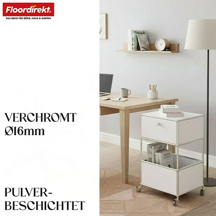 Floordirekt Metallregal Concept Epure MK-145 - 40 x 40 x 69 cm Weiß - H x B x T: 69 x 40 x 40 cm, Anzahl Böden: 3 Stk., Schrauben, Weiß - Das Bild zeigt einen weißen Rollcontainer mit zwei Schubladen und silberfarbenen Rahmen, der neben einem Schreibtisch steht.