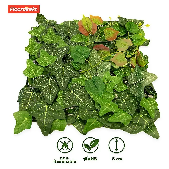 Floordirekt Kunstpflanze Pflanzenwand Ivy 33 x 33 cm - Blütenfarbe: Grün, Kunststoff - Künstliche Efeu-Wandpaneele mit grünen Blättern und verschiedenen Zertifizierungen für den Innen- und Außenbereich.