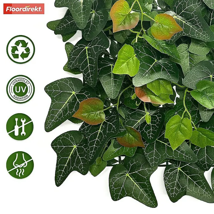 Floordirekt Kunstpflanze Pflanzenwand Ivy 33 x 33 cm - Blütenfarbe: Grün, Kunststoff - Nahaufnahme von künstlichem Efeu mit verschiedenen Gütesiegeln.