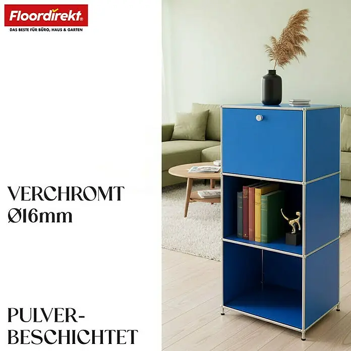Floordirekt Metallregal Concept Epure MK-107 - 50 x 40 x 121 cm Blau - Anzahl Böden: 4 Stk., Schrauben, Blau - Ein stilvolles blaues modulares Regalsystem von Floordirekt, perfekt für Büro, Haus und Garten. Es bietet flexible Aufbewahrungslösungen.