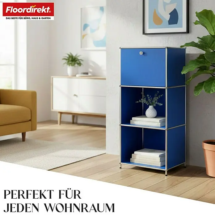 Floordirekt Metallregal Concept Epure MK-107 - 50 x 40 x 121 cm Blau - Anzahl Böden: 4 Stk., Schrauben, Blau - Elegantes blaues Regal mit drei Fächern, ideal für jeden Wohnraum. Perfekt für Bücher und Dekorationen.
