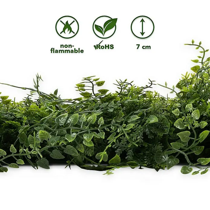 Floordirekt Kunstpflanze Pflanzenwand Fern 50 x 50 cm - Blütenfarbe: Grün, Kunststoff - Detailaufnahme einer künstlichen Pflanzenmatte, die nicht entflammbar ist, RoHS-konform und 7 cm hoch ist.