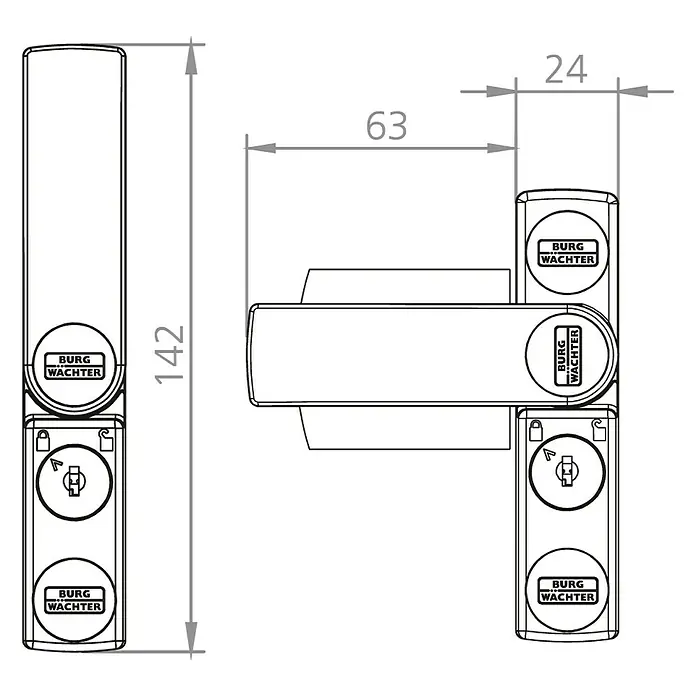 Burg-Wächter WinSafe Fenstersicherung WS 11 - Einflügelig, Braun - Abbildung eines Türgriffs von Burg Wächter mit den Maßen 142 mm Höhe, 63 mm Tiefe und 24 mm Griffstärke.