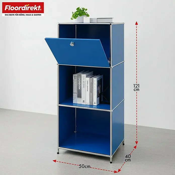 Floordirekt Metallregal Concept Epure MK-107 - 50 x 40 x 121 cm Blau - Anzahl Böden: 4 Stk., Schrauben, Blau - Blaues, modulares Regal mit drei Fächern, offenem Design, einer Klapptür und Größenangaben für Höhe, Breite und Tiefe.