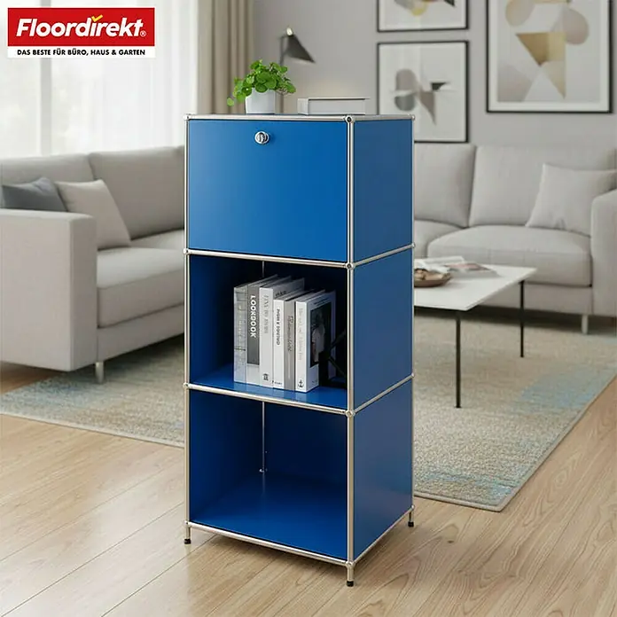 Floordirekt Metallregal Concept Epure MK-107 - 50 x 40 x 121 cm Blau - Anzahl Böden: 4 Stk., Schrauben, Blau - Blaues Regalsystem mit drei Fächern. Das modulare Regalsystem bietet Stauraum und Ablagefläche für Bücher, Dekoration und mehr.
