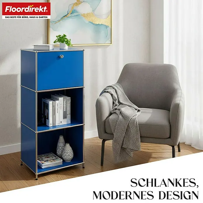 Floordirekt Metallregal Concept Epure MK-107 - 50 x 40 x 121 cm Blau - Anzahl Böden: 4 Stk., Schrauben, Blau - Blauer USM Haller Regalwürfel mit drei Fächern als stilvolle Aufbewahrungslösung für Büro und Zuhause.