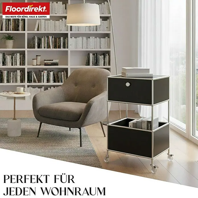 Floordirekt Metallregal Concept Epure MK-145 - 40 x 40 x 69 cm Schwarz - H x B x T: 69 x 40 x 40 cm, Anzahl Böden: 3 Stk., Schrauben, Schwarz - Elegantes Wohnzimmer mit stilvollem Sessel, Bücherregal und einem modernen schwarzen Rollcontainer für Büro, Haus und Garten.
