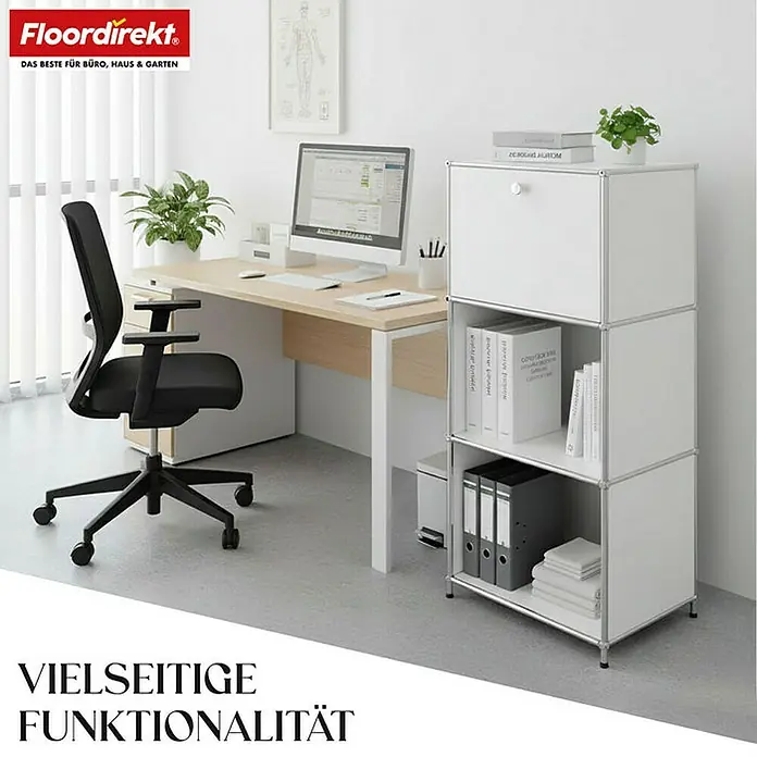 Floordirekt Metallregal Concept Epure MK-107 - 50 x 40 x 121 cm Weiß - Anzahl Böden: 4 Stk., Schrauben, Weiß - Büro mit Schreibtisch, Bürostuhl und modularem Regal. Das modulare Regal bietet Stauraum und ist ein Blickfang im Büro.