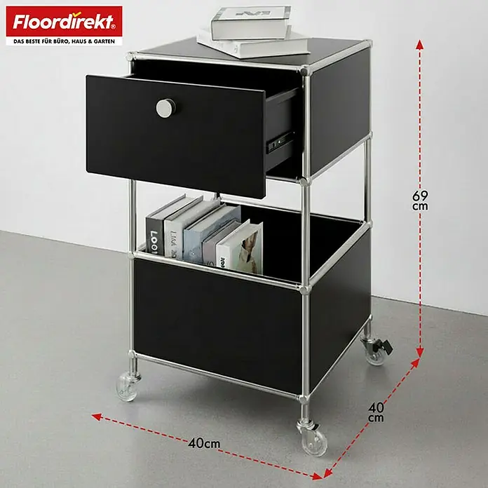 Floordirekt Metallregal Concept Epure MK-145 - 40 x 40 x 69 cm Schwarz - H x B x T: 69 x 40 x 40 cm, Anzahl Böden: 3 Stk., Schrauben, Schwarz - Schwarzer Rollcontainer mit Schublade und Regalfach, ideal für Büro und Zuhause, mit den Maßen 40x40x69 cm.