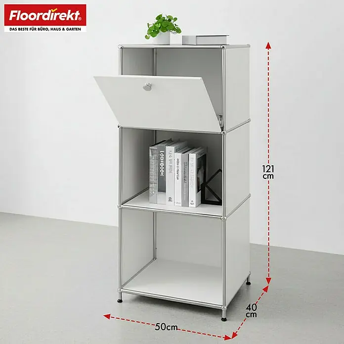 Floordirekt Metallregal Concept Epure MK-107 - 50 x 40 x 121 cm Weiß - Anzahl Böden: 4 Stk., Schrauben, Weiß - Ansicht eines weißen Regals mit drei Fächern und Abmessungen.