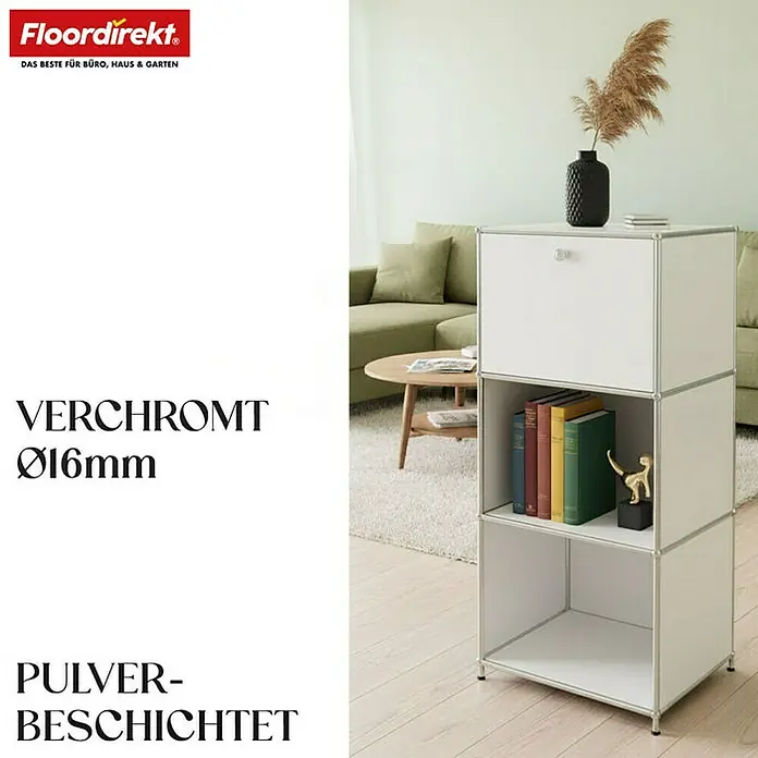 Floordirekt Metallregal Concept Epure MK-107 - 50 x 40 x 121 cm Weiß - Anzahl Böden: 4 Stk., Schrauben, Weiß - Ein weißes, modernes Regalsystem mit drei Fächern, wobei das oberste Fach eine Tür hat. Ideal für Büro, Wohnzimmer oder Schlafzimmer.