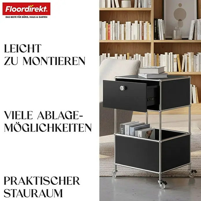 Floordirekt Metallregal Concept Epure MK-145 - 40 x 40 x 69 cm Schwarz - H x B x T: 69 x 40 x 40 cm, Anzahl Böden: 3 Stk., Schrauben, Schwarz - Das Bild zeigt einen schwarzen USM Haller Nachttisch mit Schublade und Ablagefläche, der praktischen Stauraum bietet.