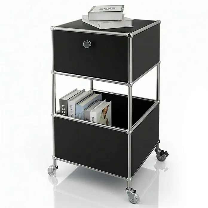 Floordirekt Metallregal Concept Epure MK-145 - 40 x 40 x 69 cm Schwarz - H x B x T: 69 x 40 x 40 cm, Anzahl Böden: 3 Stk., Schrauben, Schwarz - Das schwarze USM Haller Möbel mit Rollen ist ein stilvolles Aufbewahrungsmöbel mit einem Schubfach und Ablagefach für Bücher und Accessoires.