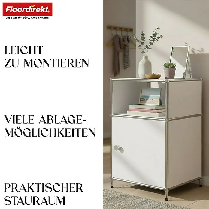 Floordirekt Metallregal Concept Epure MK-040 - 40 x 40 x 65 cm Weiß - Anzahl Böden: 3 Stk., Schrauben, Weiß - Das Bild zeigt einen weißen, zweiteiligen Schrank mit Ablageflächen und einer Tür, ideal für Büro, Haus und Garten.