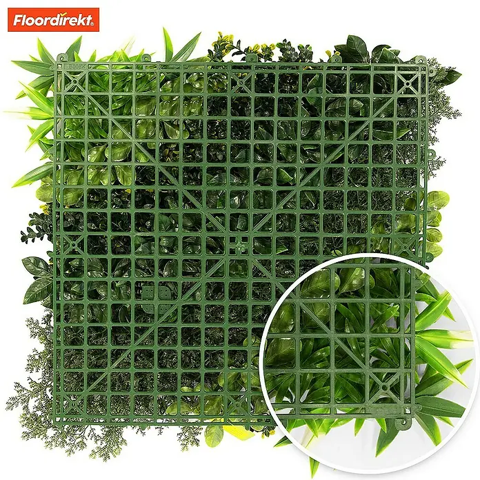 Floordirekt Kunstpflanze Pflanzenwand Multielements 50 x 50 cm - Blütenfarbe: Grün, Kunststoff - Kunstpflanzenmatte mit grünen Blättern und einer dunklen Gitterstruktur.