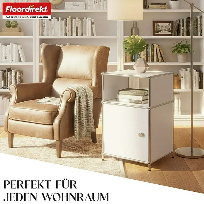 Floordirekt Metallregal Concept Epure MK-040 - 40 x 40 x 65 cm Weiß - Anzahl Böden: 3 Stk., Schrauben, Weiß - Elegantes Ambiente mit einem bequemen Sessel und einem modernen, weißen Beistelltisch. Das perfekte Möbelstück für jeden Wohnraum.