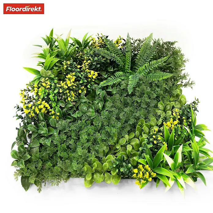 Floordirekt Kunstpflanze Pflanzenwand Multielements 50 x 50 cm - Blütenfarbe: Grün, Kunststoff - Wandpaneel mit künstlichen Pflanzen in verschiedenen Grüntönen und gelben Akzenten für eine lebendige Dekoration.