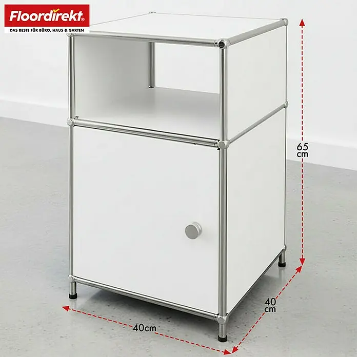 Floordirekt Metallregal Concept Epure MK-040 - 40 x 40 x 65 cm Weiß - Anzahl Böden: 3 Stk., Schrauben, Weiß - Bild eines weißen USM Haller Möbels mit den Maßen 65x40x40cm. Ideal für Büro und Zuhause, bietet es stilvollen Stauraum.