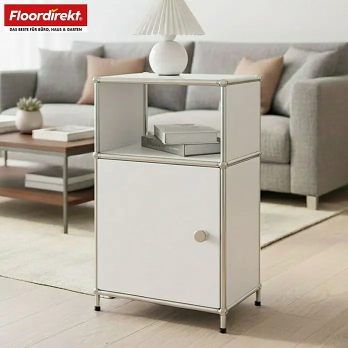 Floordirekt Metallregal Concept Epure MK-040 - 40 x 40 x 65 cm Weiß - Anzahl Böden: 3 Stk., Schrauben, Weiß - Elegantes weißes Nachttischchen mit offenem Fach und Schrank, perfekt für Büro, Haus oder Garten.
