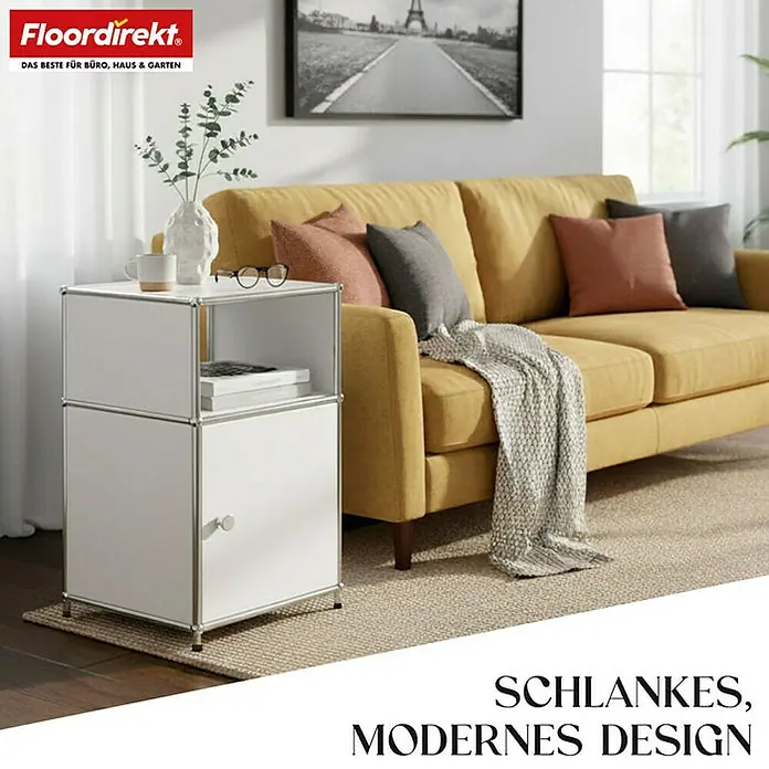 Floordirekt Metallregal Concept Epure MK-040 - 40 x 40 x 65 cm Weiß - Anzahl Böden: 3 Stk., Schrauben, Weiß - Das Foto zeigt einen modernen, zweistöckigen, weißen Nachttisch, ideal für die stilvolle Aufbewahrung im Wohnbereich.