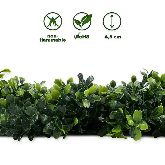 Floordirekt Kunstpflanze Pflanzenwand Boxwood 50 x 50 cm - Blütenfarbe: Grün, Kunststoff - Künstliche Buchsbaumhecke mit nicht entflammbaren Eigenschaften und RoHS-Zertifizierung, ideal für den Innen- und Außenbereich.